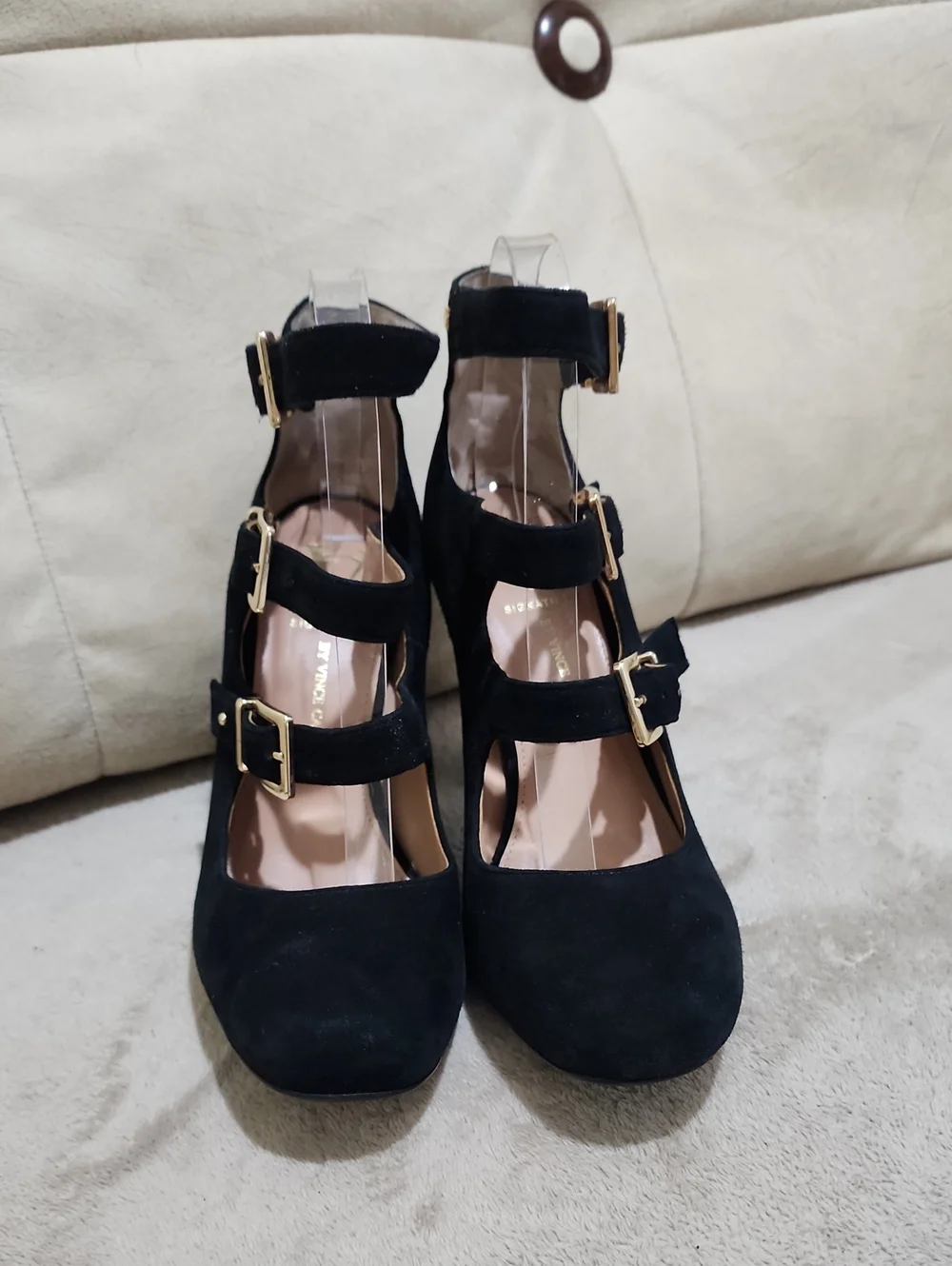 New Condition Vince Camuto Black Suede Triple-Buckle Mary Jane Heels